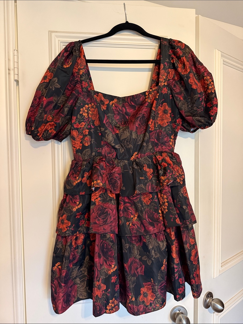 Floral Puff-Sleeve Tiered Mini Dress - Black with Burgundy & Orange Roses